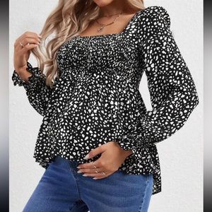 Maternity Allover Print Square Neck Flounce Sleeve Peplum Blouse